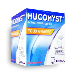 Mucomyst 200 mg toux grasse - Boite de 18 sachets goût orange