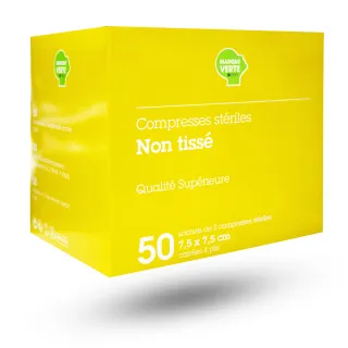 Compresses stériles non tissé 7,5 cm x 7,5 cm - Marque verte