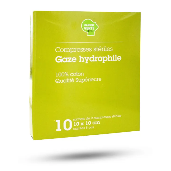Compresses stériles gaze hydrophile 10 cm x 10 cm - Marque verte