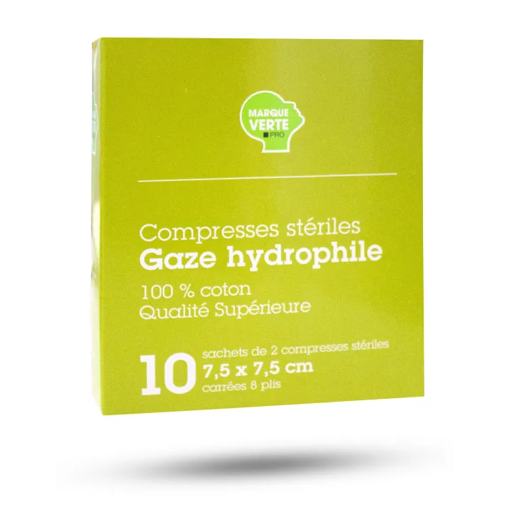 Compresses stériles gaze hydrophile 7,5 cm x 7,5 cm - Marque verte
