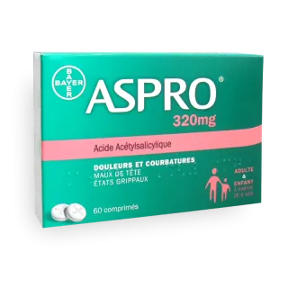 Aspro 320 mg adulte & enfant 60 comprimés - Douleurs et courbatures