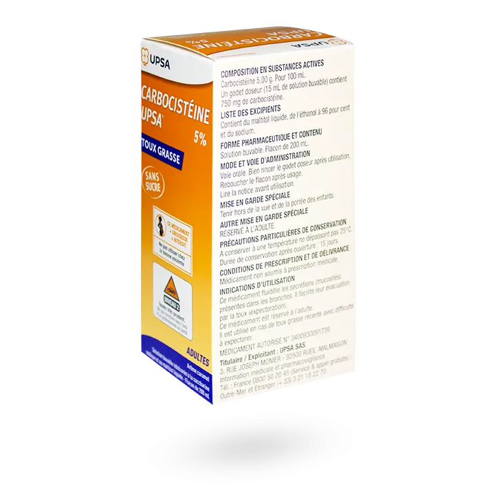 Carbocistéine 5% UPSA sirop toux grasse adultes 200 ml