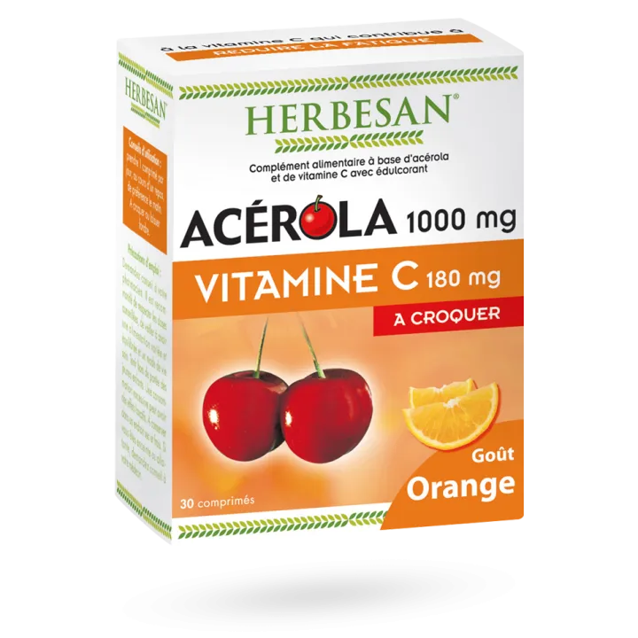 Herbesan Acérola 1000 mg Vitamine C 180 mg goût orange 30 comprimés à croquer