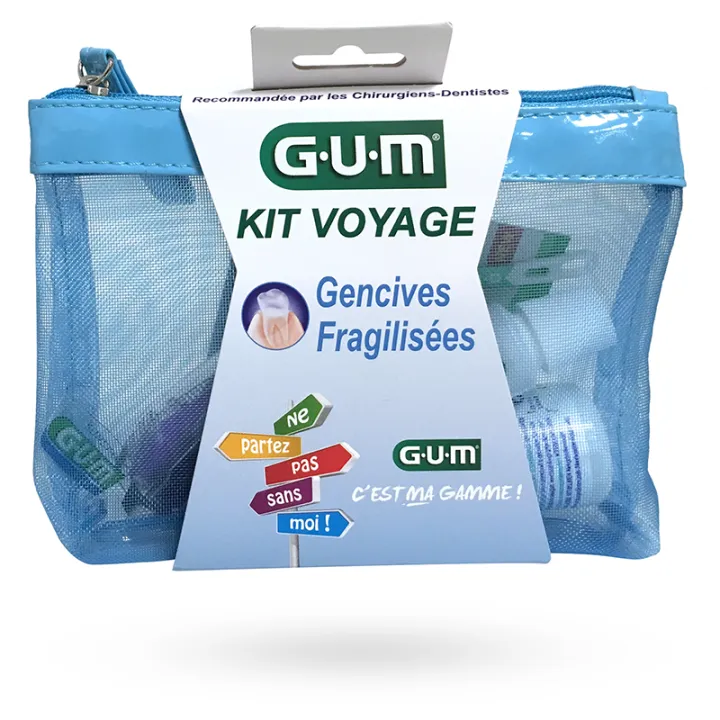 GUM Kit voyage gencives fragilisées brosse à dents, brossettes, dentifrice, bain de bouche
