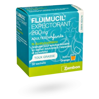 Fluimucil expectorant 200 mg adultes/enfants Zambon 30 sachets orange