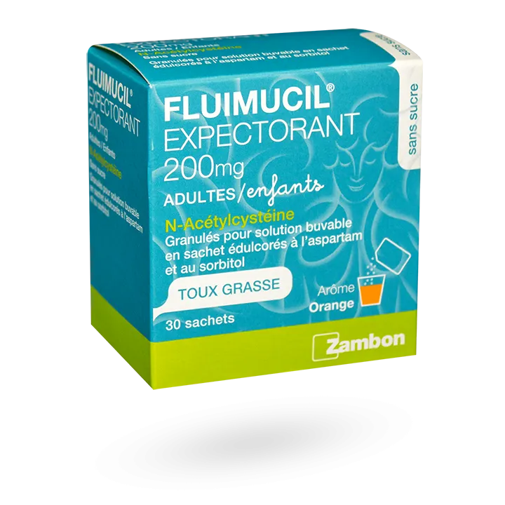Fluimucil expectorant 200 mg adultes/enfants Zambon 30 sachets orange