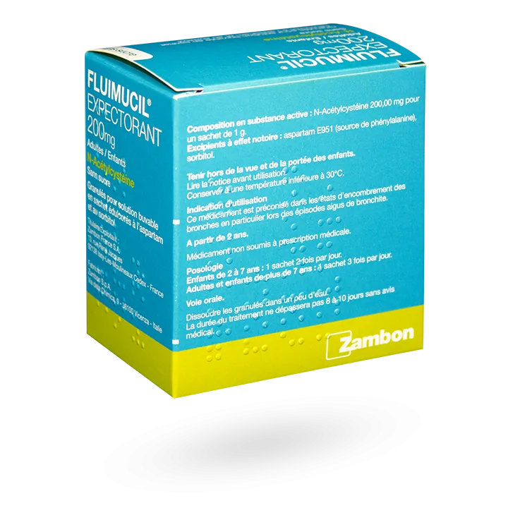 Fluimucil expectorant 200 mg adultes/enfants Zambon 30 sachets orange
