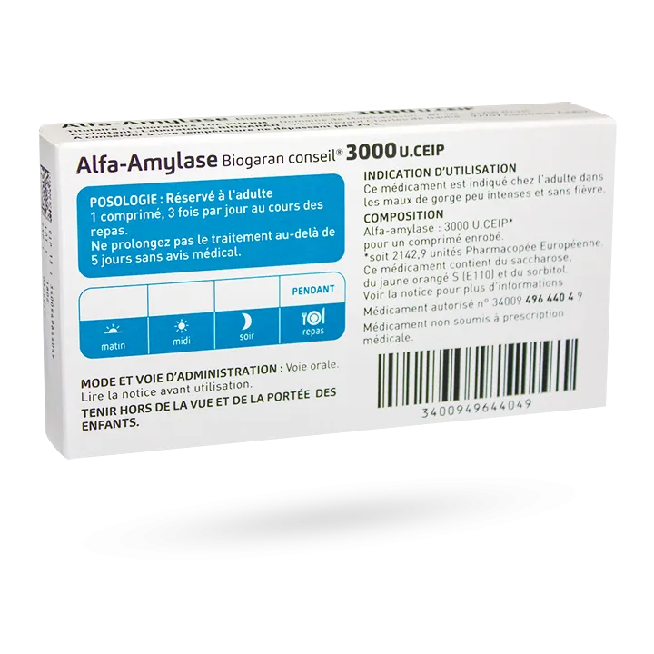 Alfa-Amylase 3000 U.Ceip Biogaran maux de gorge 18 comprimés