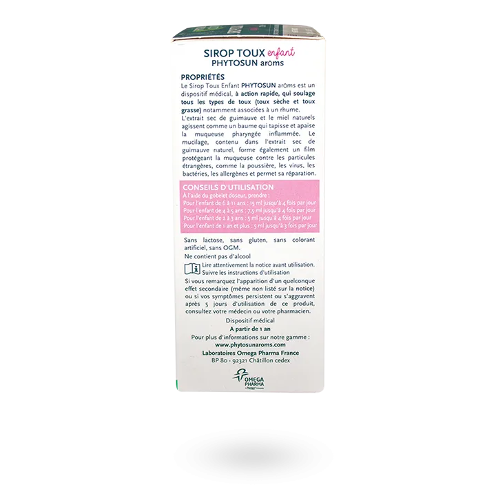 Sirop enfant toux sèche et grasse Phytosun Arôms flacon 120 ml goût fraise