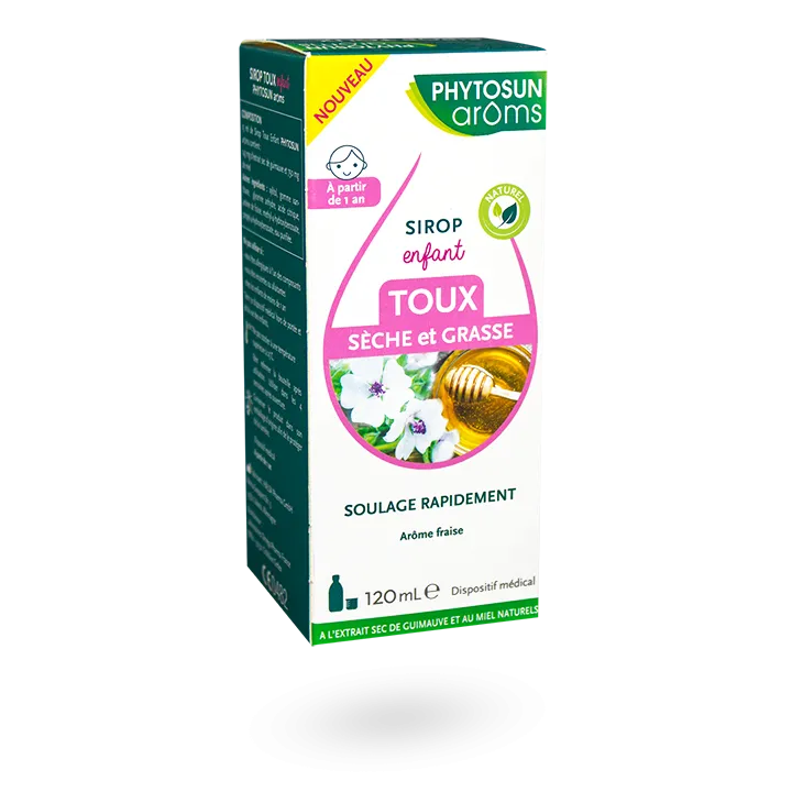 Sirop enfant toux sèche et grasse Phytosun Arôms flacon 120 ml goût fraise