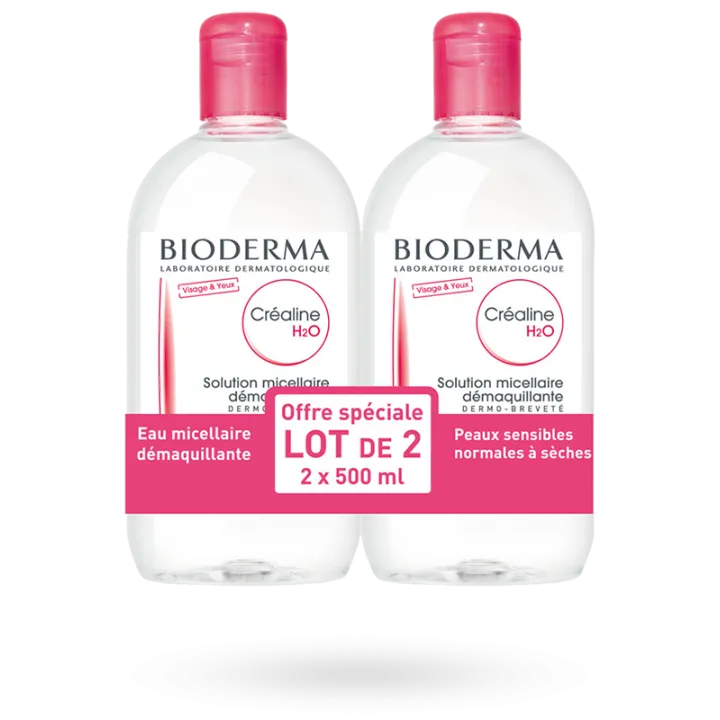 Créaline H2O solution micellaire démaquillante Bioderma lot de 2 x 500 ml