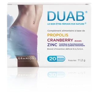 DUAB bien-être féminin Propolis, Cranberry et Zinc - 20 ou 60 gélules DUAB bien-être féminin Propolis, Cranberry et Zinc - 20 ou 60 gélules