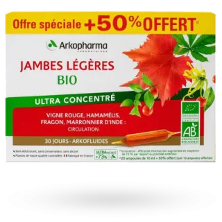 Arkofluides Jambes légères BIO Arkopharma Ultra concentré 20 ampoules + 50% OFFERT