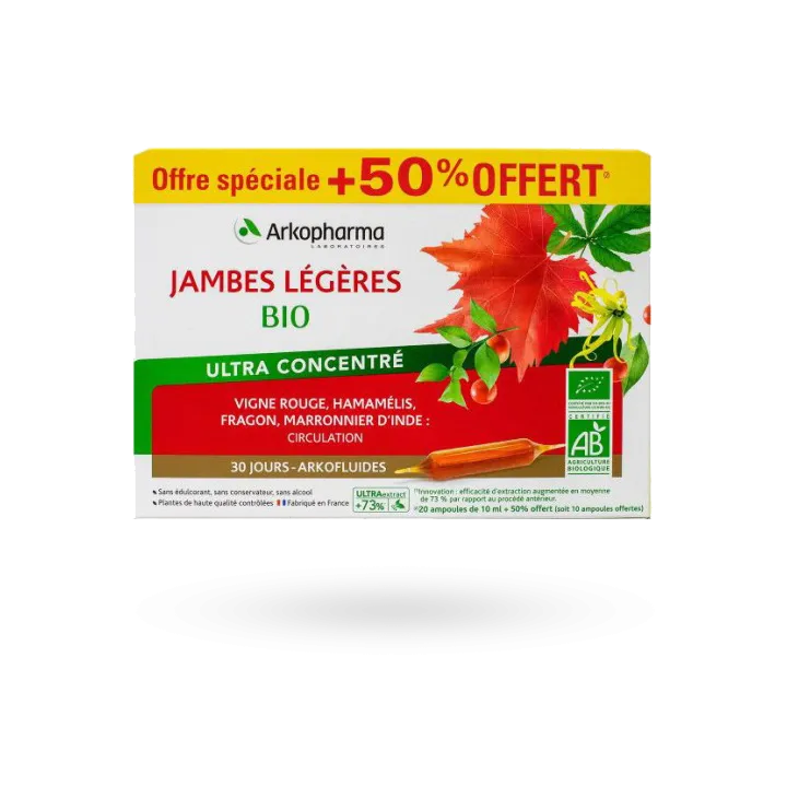 Arkofluides Jambes légères BIO Arkopharma Ultra concentré 20 ampoules + 50% OFFERT