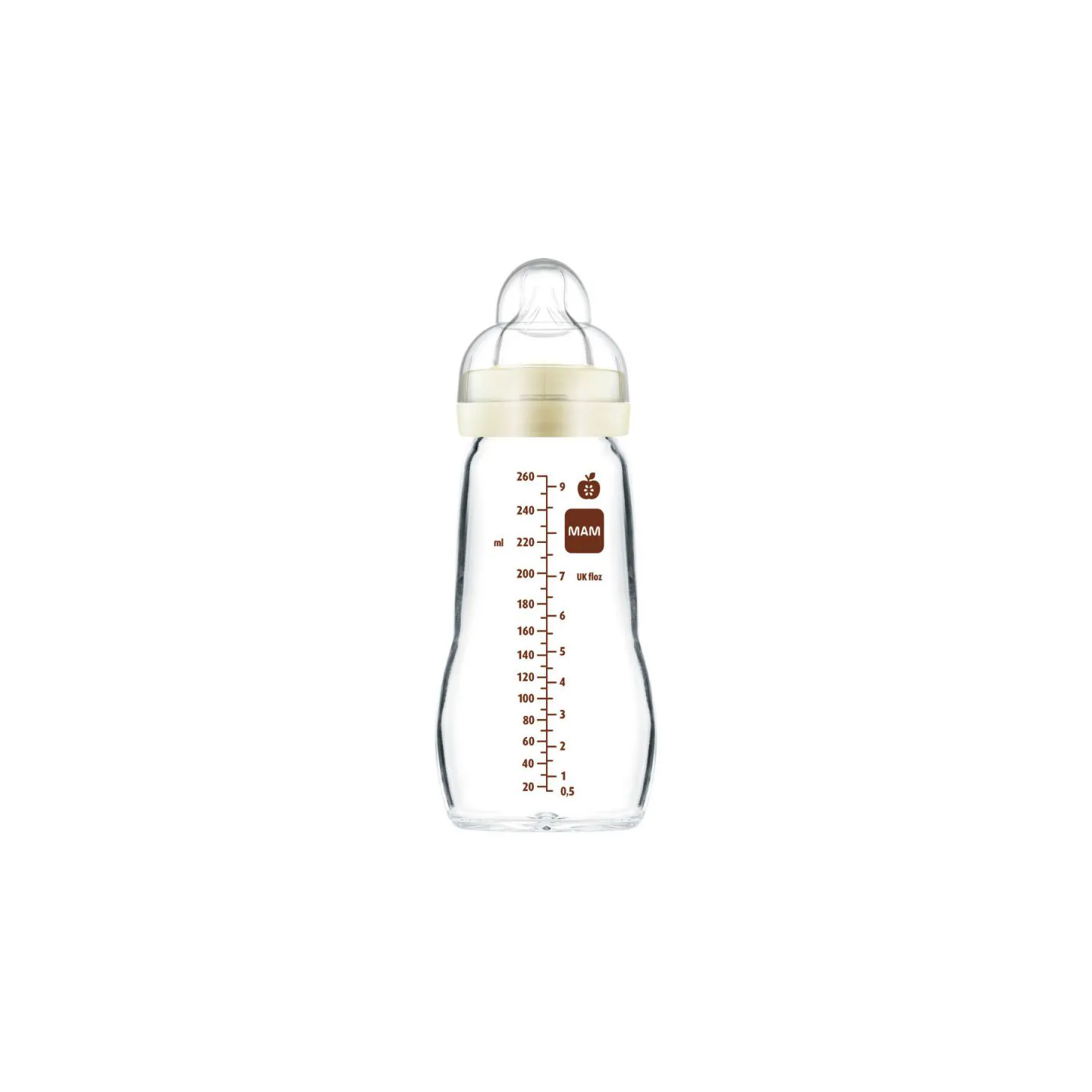MAM Biberon En Verre Feel Good 260 Ml - Bleu, Tétine Débit Moyen 2-4 Mois, Lot De 1