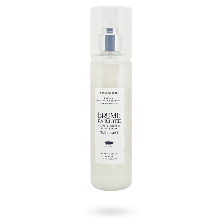 Brume pailletée "Les petits bains de Provence" corps et cheveux "Perle nacrée" Musc blanc oriental