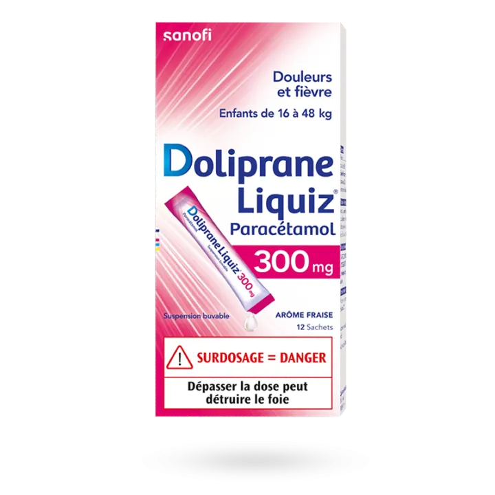 Doliprane Liquiz 300 mg paracétamol sans sucre enfants 12 sachets fraise