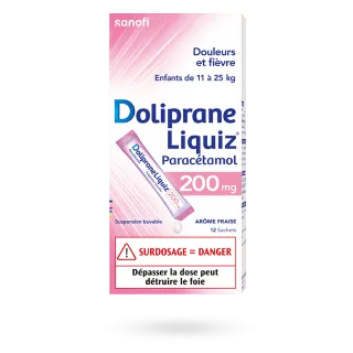 Doliprane Liquiz 200 mg paracétamol sans sucre enfants 12 sachets fraise
