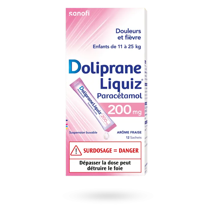 Doliprane Liquiz 200 mg paracétamol sans sucre enfants 12 sachets fraise