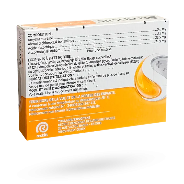 Strepsils Orange Vitamine C 24 pastilles à sucer maux de gorge