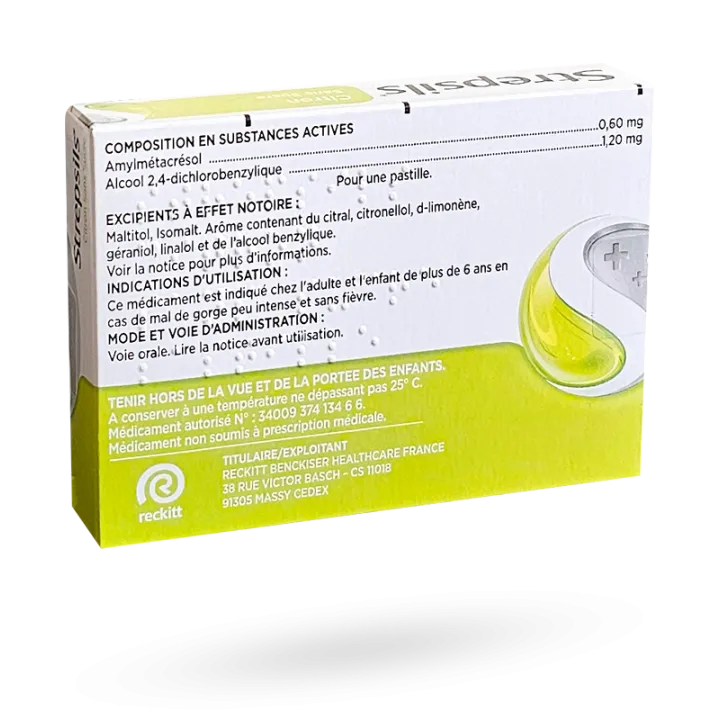 Strepsils citron sans sucre 24 pastilles à sucer