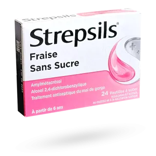 Strepsils Fraise sans sucre maux de gorge 24 pastilles à sucer