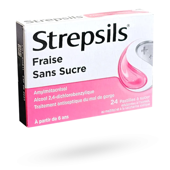 Strepsils Fraise sans sucre maux de gorge 24 pastilles à sucer