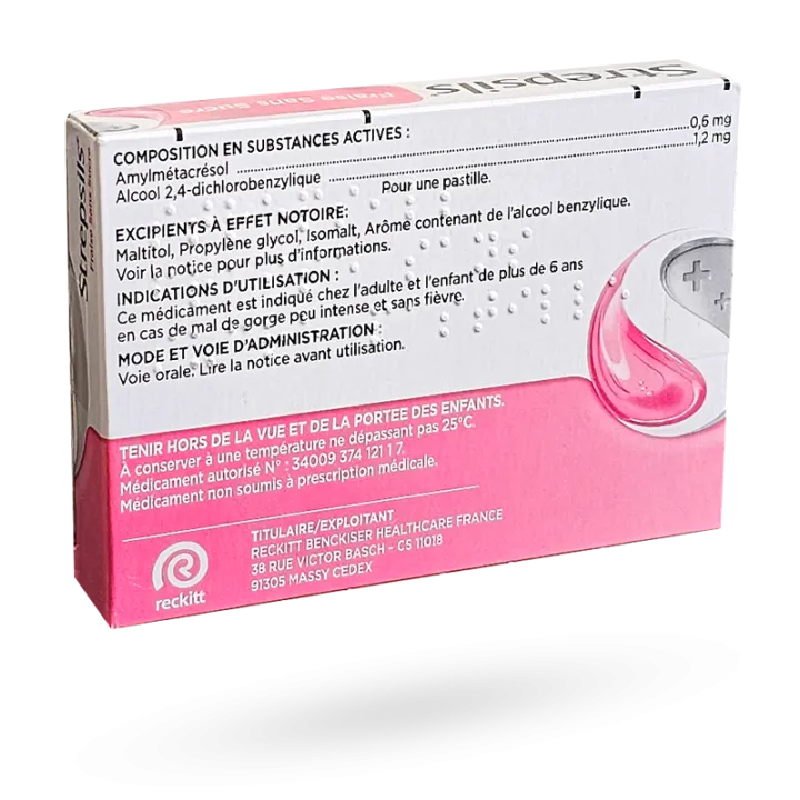 Strepsils Fraise sans sucre maux de gorge 24 pastilles à sucer