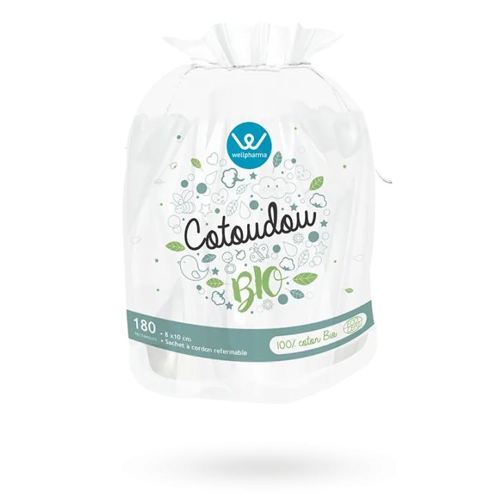 Cotoudou BIO Wellpharma coton BIO 180 rectangles 8 x 10 cm