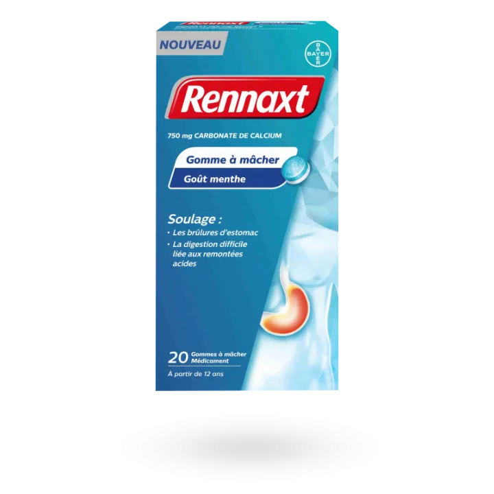 Rennaxt 750 mg brûlures d'estomac 20 gommes à mâcher menthe