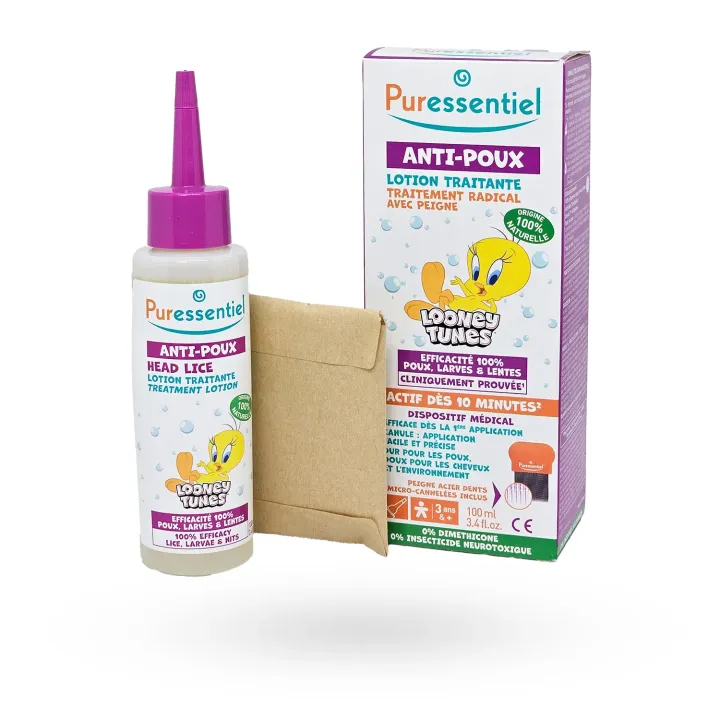 Puressentiel Lotion Anti-Poux 100 ml + Peigne Looney Tunes – Traitement naturel efficace contre les poux