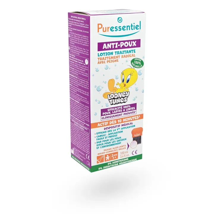 Puressentiel Lotion Anti-Poux 100 ml + Peigne Looney Tunes – Traitement naturel efficace contre les poux