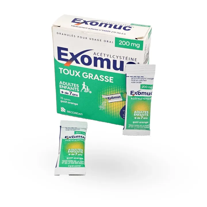 Exomuc 200 mg toux grasse 15 sachets goût orange | Pharmacie en ligne