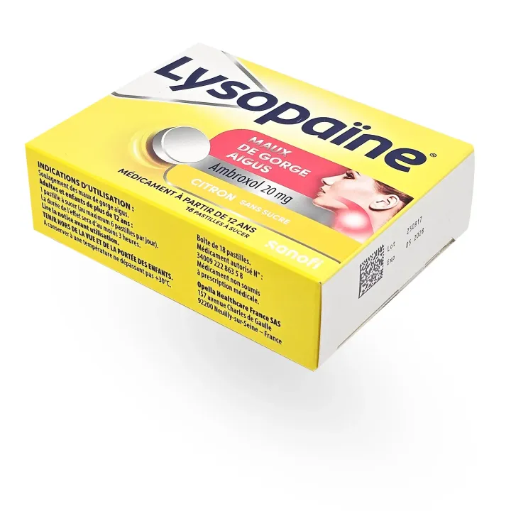 Lysopaïne ambroxol maux de gorge citron sans sucre 18 pastilles | Pharmacie en ligne