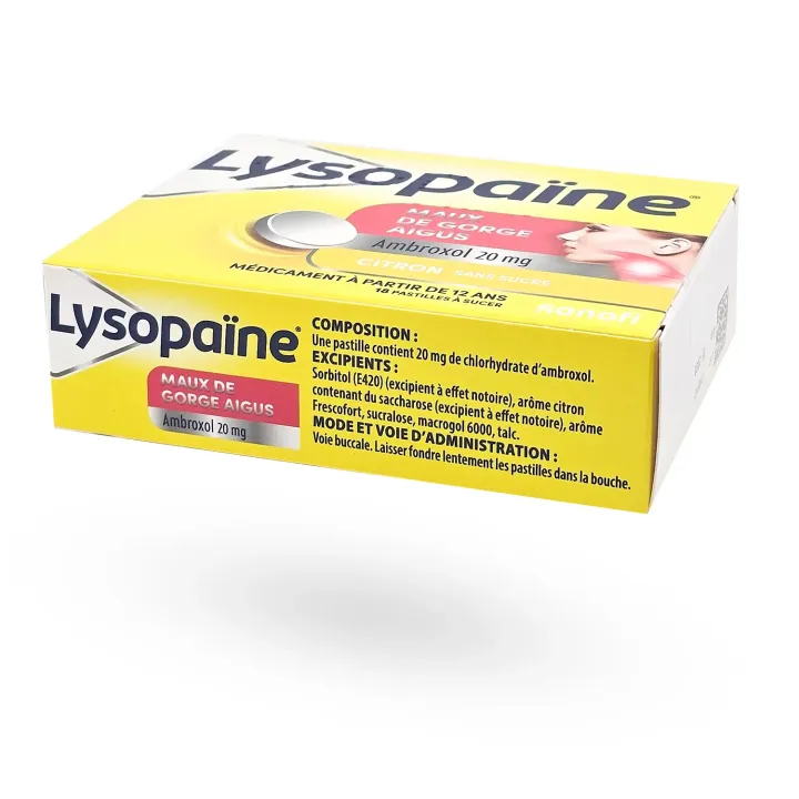 Lysopaïne ambroxol maux de gorge citron sans sucre 18 pastilles | Pharmacie en ligne