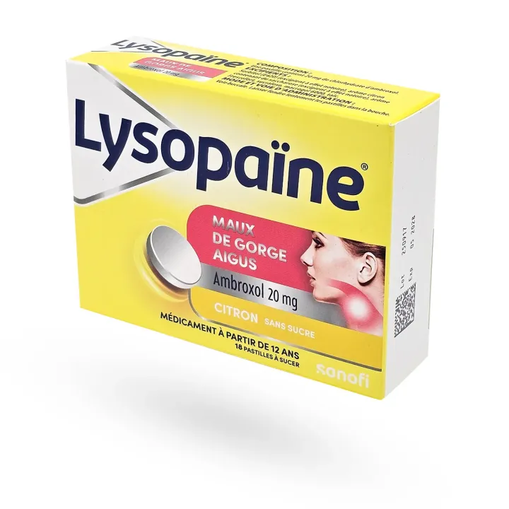 Lysopaïne ambroxol maux de gorge 18 pastilles citron sans sucre