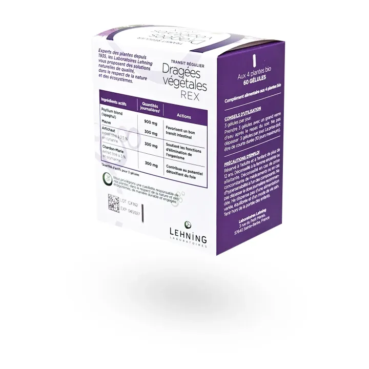 Dragées végétales REX Lehning transit régulier 60 gélules | Pharmacie en ligne