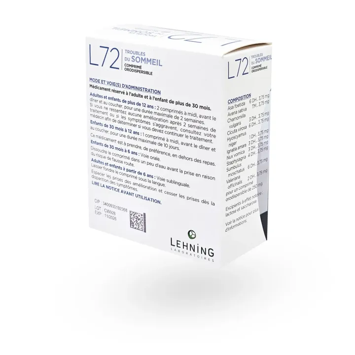 L72 Troubles du sommeil Lehning 100 comprimés orodispersibles | Pharmacie en ligne
