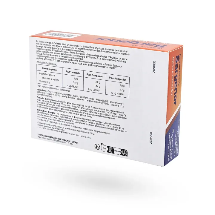 Sargenor Fatigue Intense Arginine & Vitamine B12 20 ampoules – Énergie & Vitalité | Pharmacie en ligne