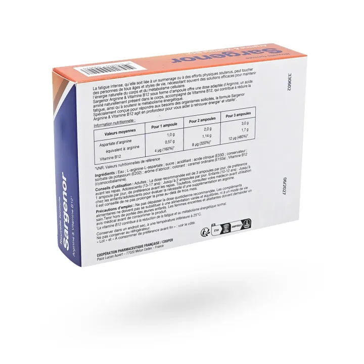 Sargenor Fatigue Intense Arginine & Vitamine B12 20 ampoules – Énergie & Vitalité | Pharmacie en ligne
