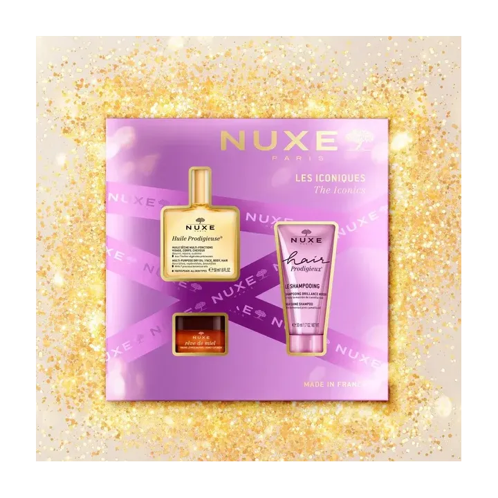 Coffret Nuxe Les Iconiques – Huile Prodigieuse + Shampooing Brillance + Baume Rêve de Miel | Pharmacie en ligne