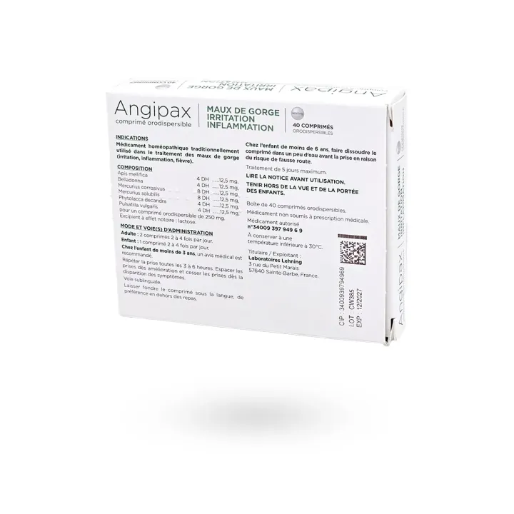 Angipax Lehning maux de gorge irritation inflammation 40 comprimés orodispersibles | Pharmacie en ligne