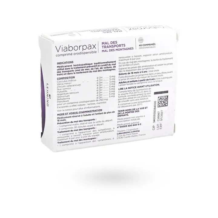 Viaborpax mal des transports et des montagnes Lehning 40 comprimés orodispersibles | Pharmacie en ligne