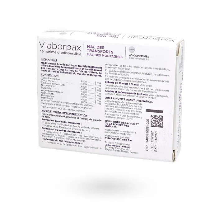Viaborpax mal des transports et des montagnes Lehning 40 comprimés orodispersibles | Pharmacie en ligne
