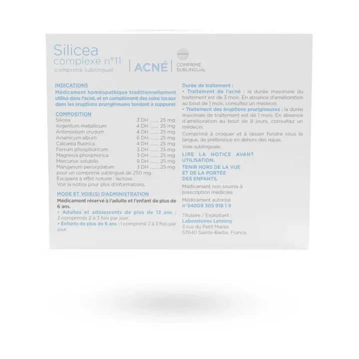 Silicea Complexe N°11 Lehning acné 60 comprimés sublinguaux | Pharmacie en ligne