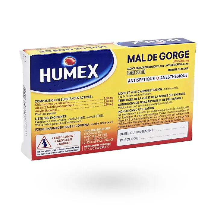 Humex Mal de Gorge Lidocaïne 2 mg Pastilles Menthe Sans Sucre | Pharmacie en ligne