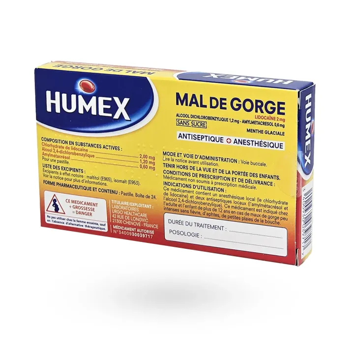 Humex Mal de Gorge Lidocaïne 2 mg Pastilles Menthe Sans Sucre | Pharmacie en ligne