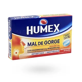 Humex mal de gorge Lidocaïne 2 mg 24 pastilles menthe glaciale sans sucre
