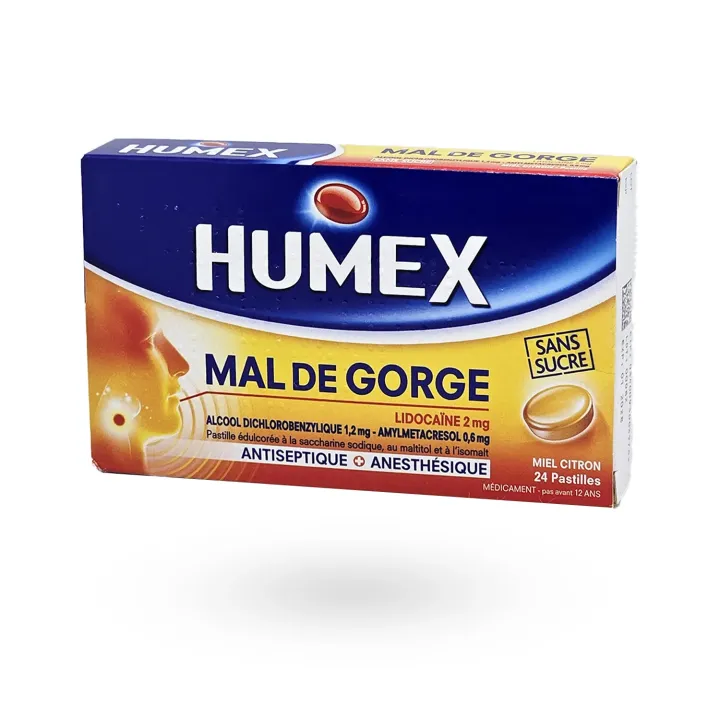 Humex Mal de Gorge Lidocaïne 2 mg Miel Citron Sans Sucre 24 pastilles | Pharmacie en ligne