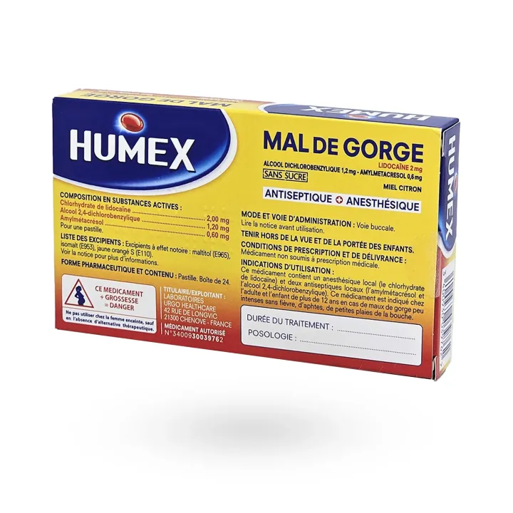 Humex Mal de Gorge Lidocaïne 2 mg Miel Citron Sans Sucre 24 pastilles | Pharmacie en ligne